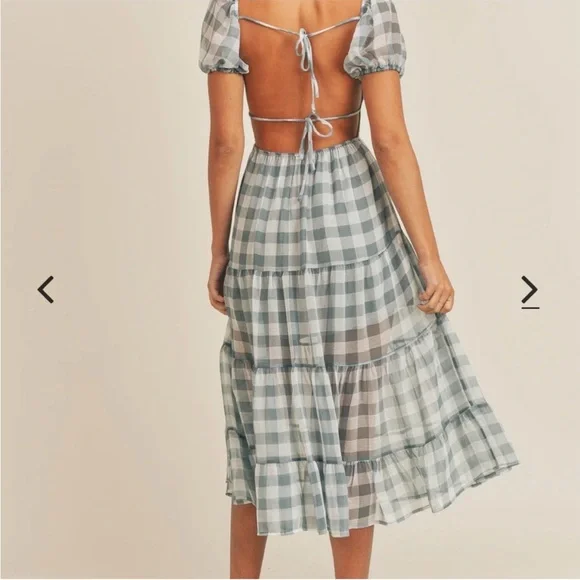 Mable Blue & White Gingham Open Tie Back Midi Dress Size Large Puff Sleeves - Picture 8 of 10